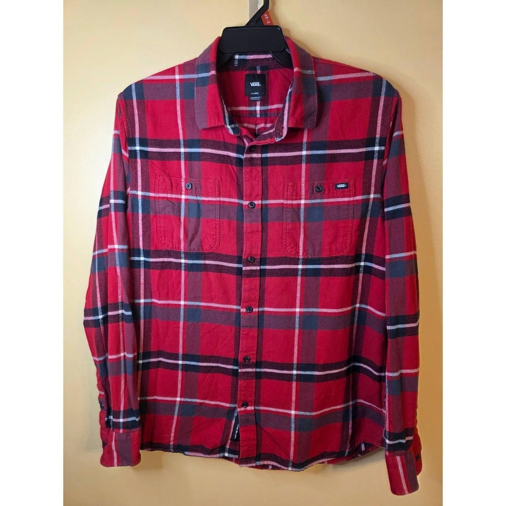 Vans Mens XL Red Black Plaid Flannel Button Down Shirt Classic Fit Long Sleeve